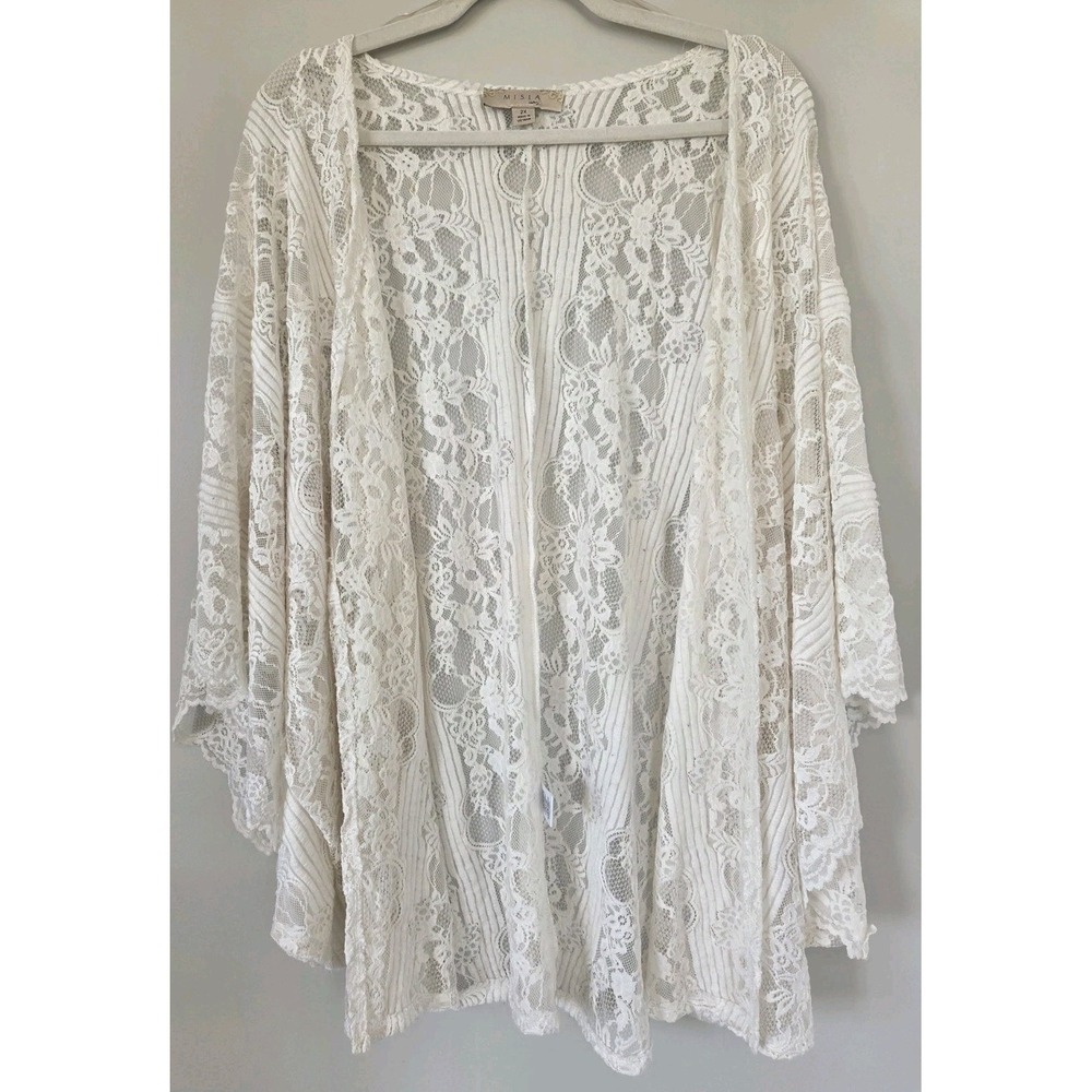 Misia Curvy Lace Open Front Stretch  Cardigan Boho Kimono Ivory Women's Size 2X